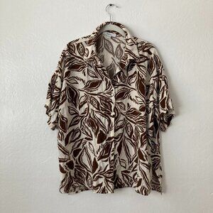 C by One Hawaiian Shirt Women's XL Brown White Button Up Beach Vacation Breezy